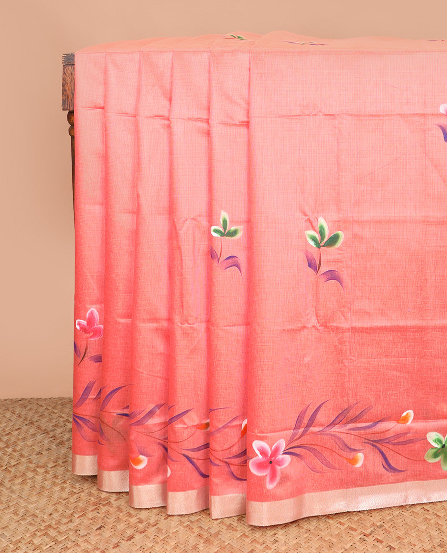 Peach hand-brush painting floral printed Chirala cotton saree, bavanji border, and hand-brush painting style floral printed pallu