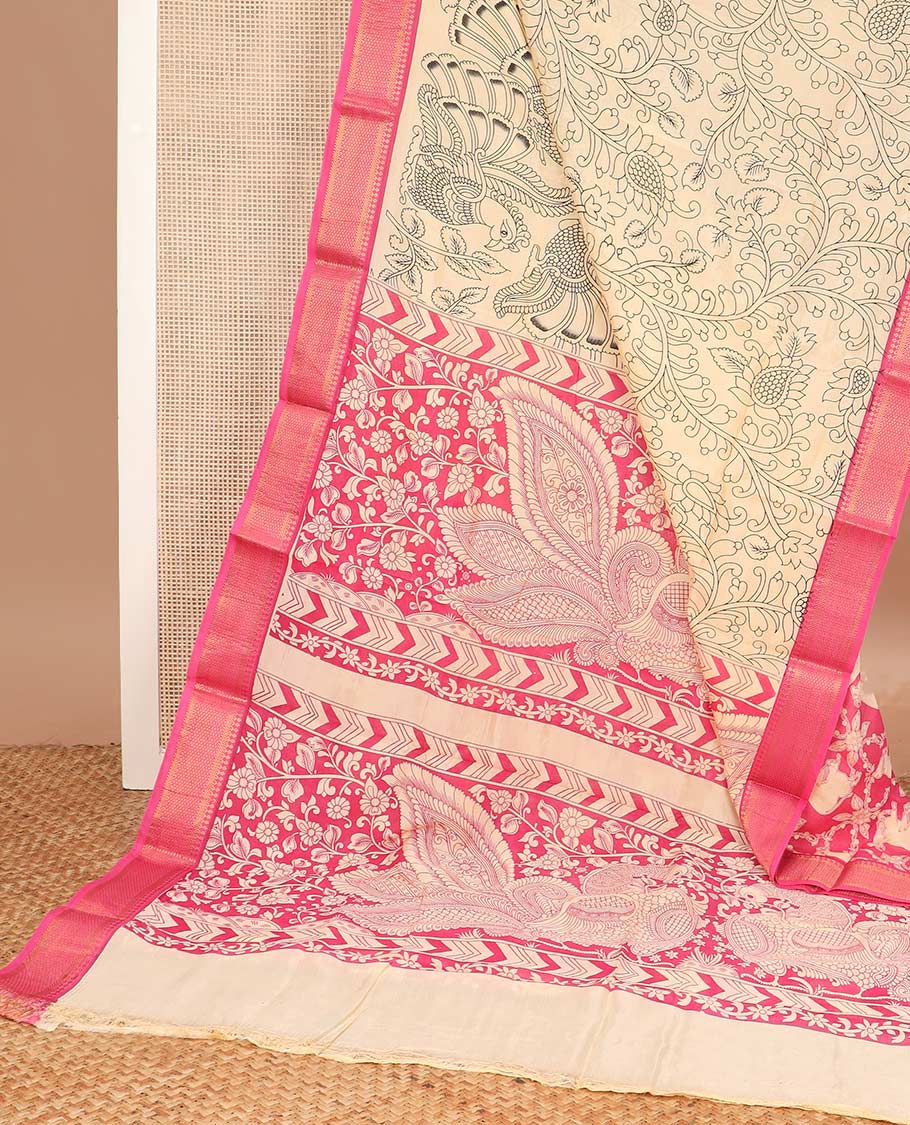 Light sandal flora-fauna motifs machine printed kalamkari cotton saree, contrast traditional zari blue border, and peacock printed pallu