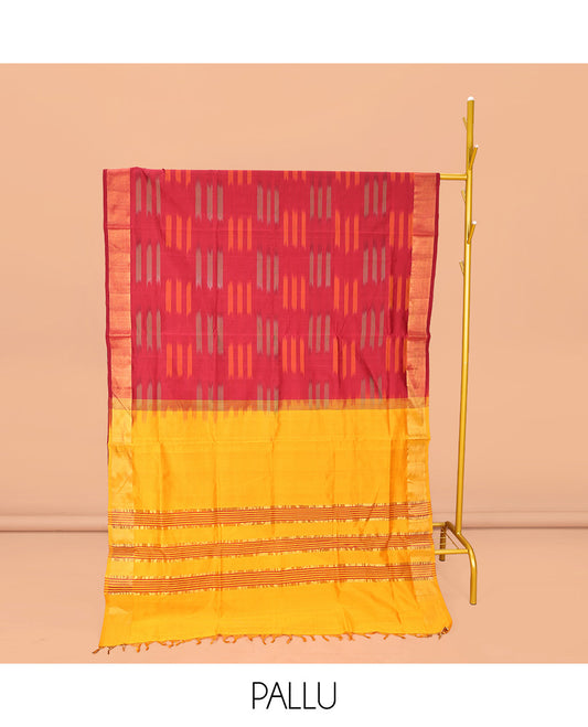 Maroon Poly Cotton Saree, Subtly Sparked with Buttas, Subtle Bavanji Border, Complemented by Contrast Pallu of Stripes, and Paired with a Contrast Blouse