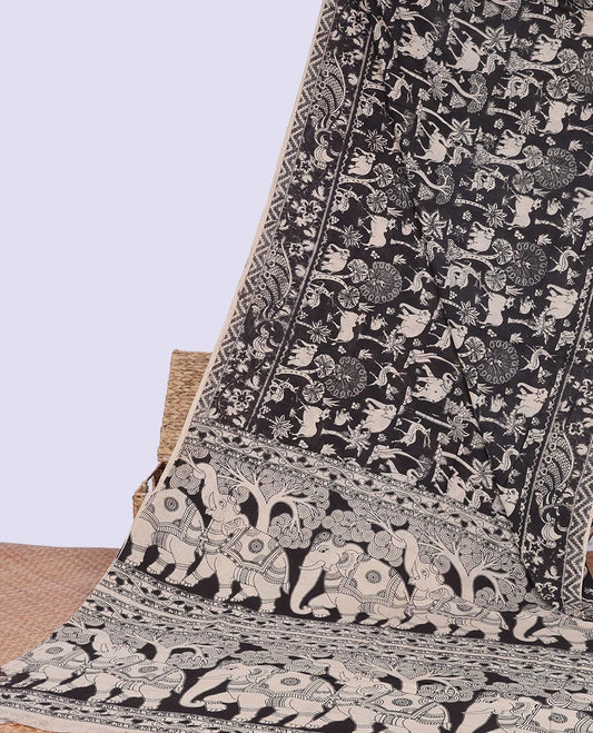 Black forest theme design machine-printed kalamkari cotton saree with floral design border & elephant design pallu
