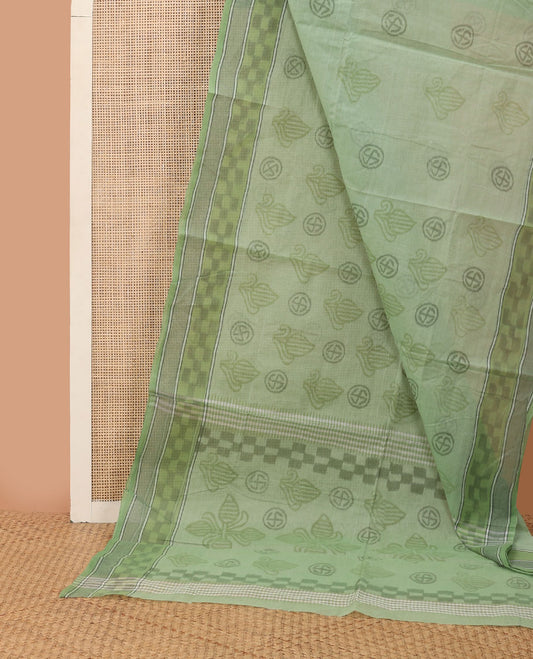 Green uniquely printed Bengal cotton saree, ikkat-style checked border & uniquely printed pallu