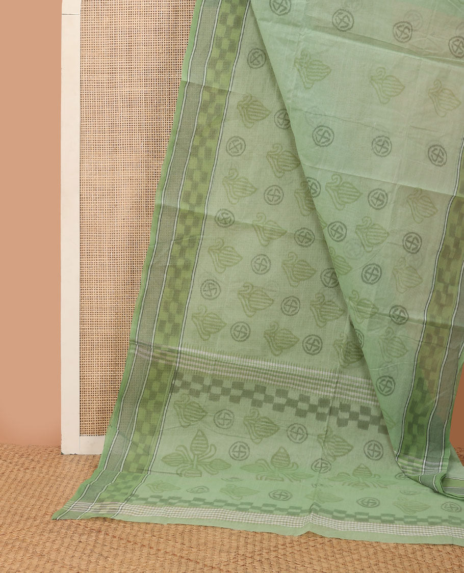 Green uniquely printed Bengal cotton saree, ikkat-style checked border & uniquely printed pallu