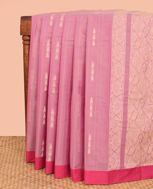 Pink Kanchi Cotton Saree, Subtly Sparkled with Thread Stripes and Triangle Buttas All Over Its Body, Complemented by Contrast Border, Pallu Featuring Jaal Designs, and Paired with a Matching Blouse