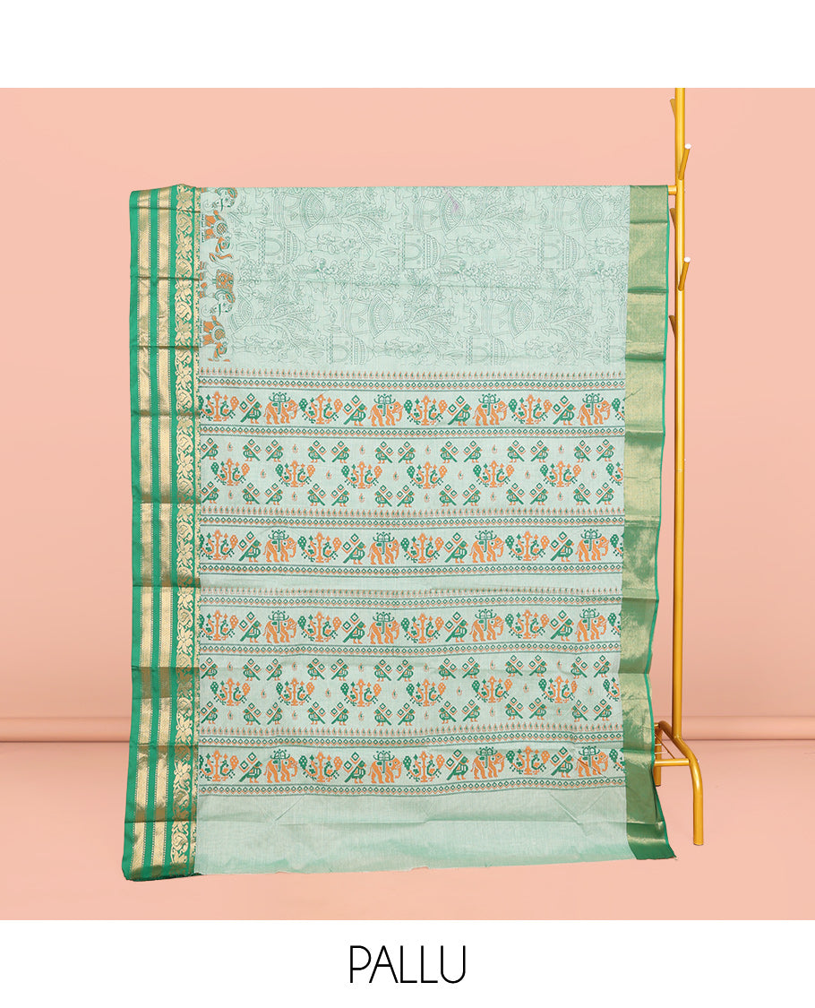 Green Andhra Cotton Saree, Mesmerized with Village-Themed Print, a Contrast Zari Border, a Pallu of Patola-Print, and a Matching Blouse