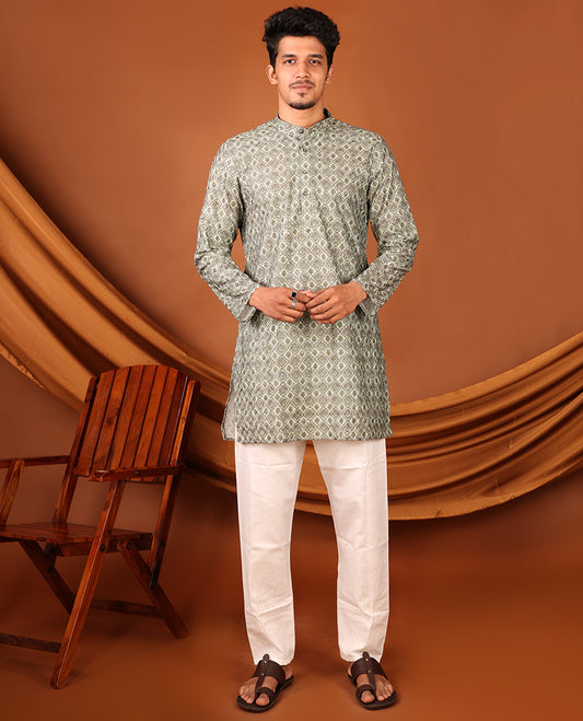Green Geometric-style Jaal Design Full-Sleeved Men's Kurta