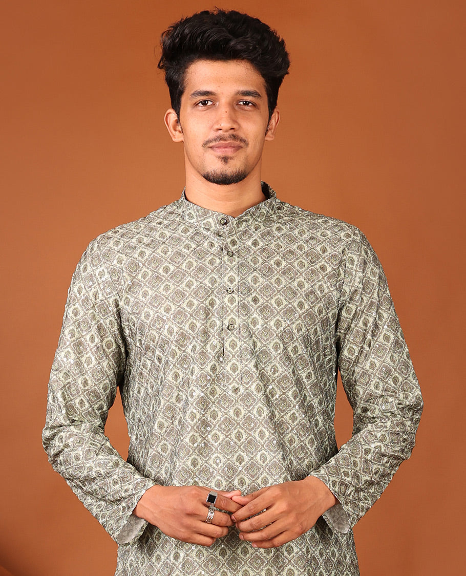 Green Geometric-style Jaal Design Full-Sleeved Men's Kurta
