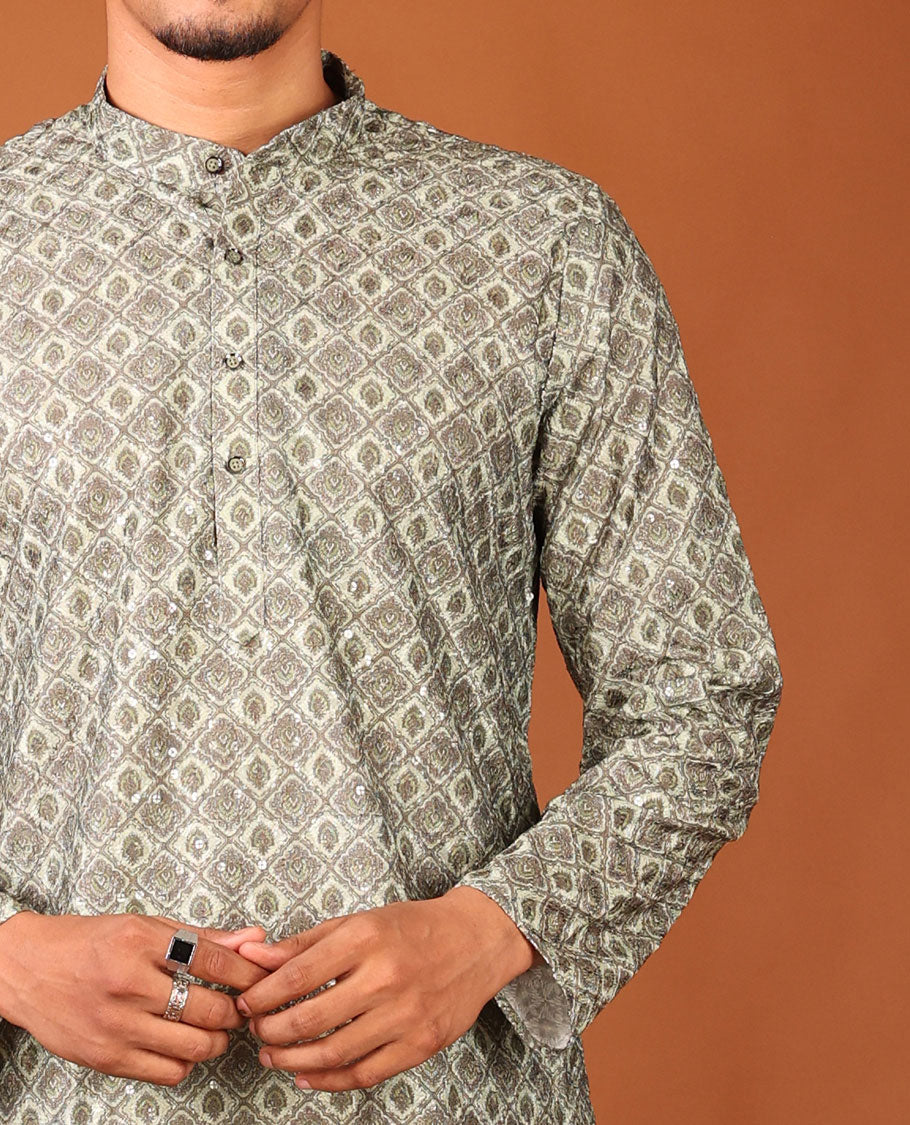 Green Geometric-style Jaal Design Full-Sleeved Men's Kurta