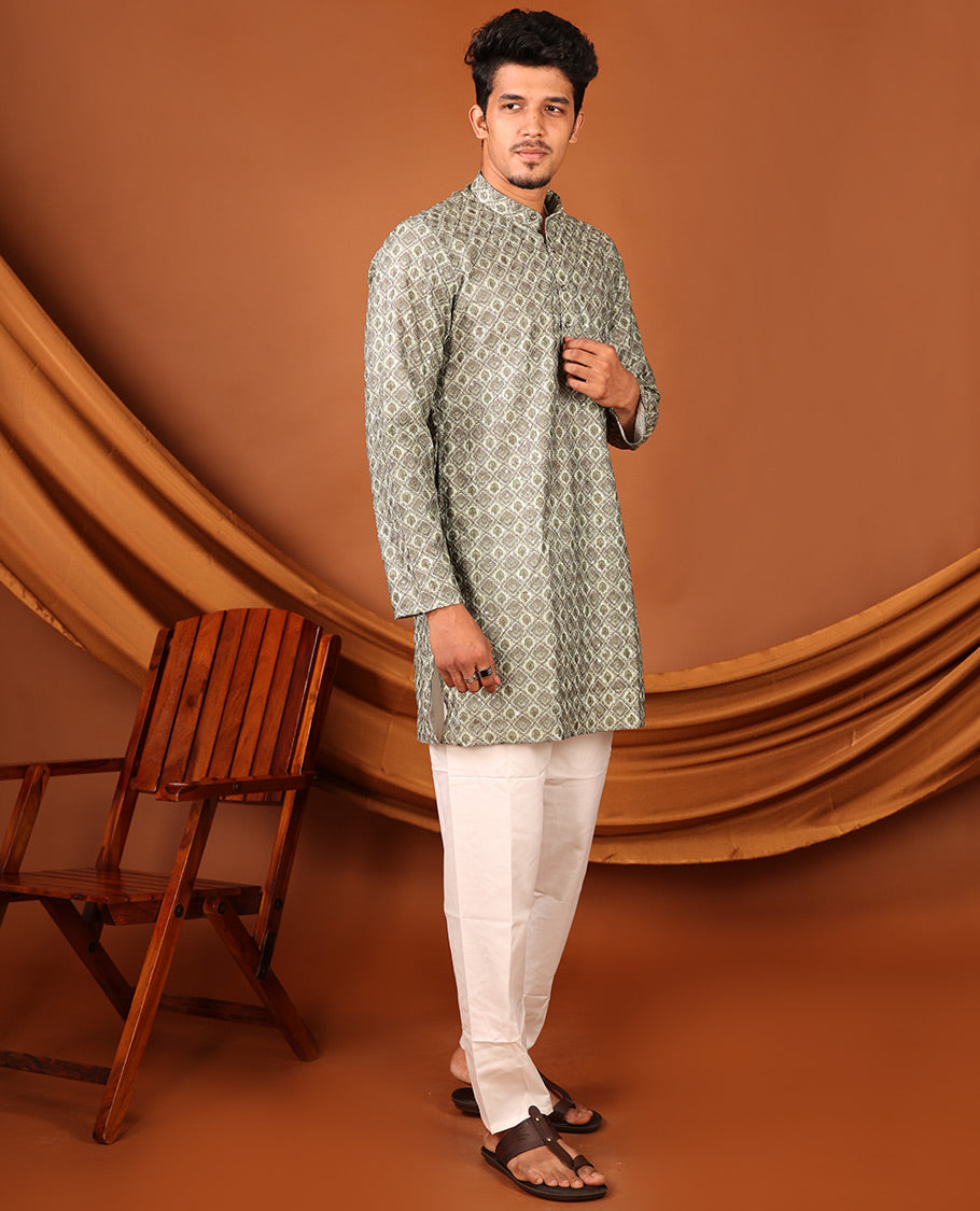 Green Geometric-style Jaal Design Full-Sleeved Men's Kurta