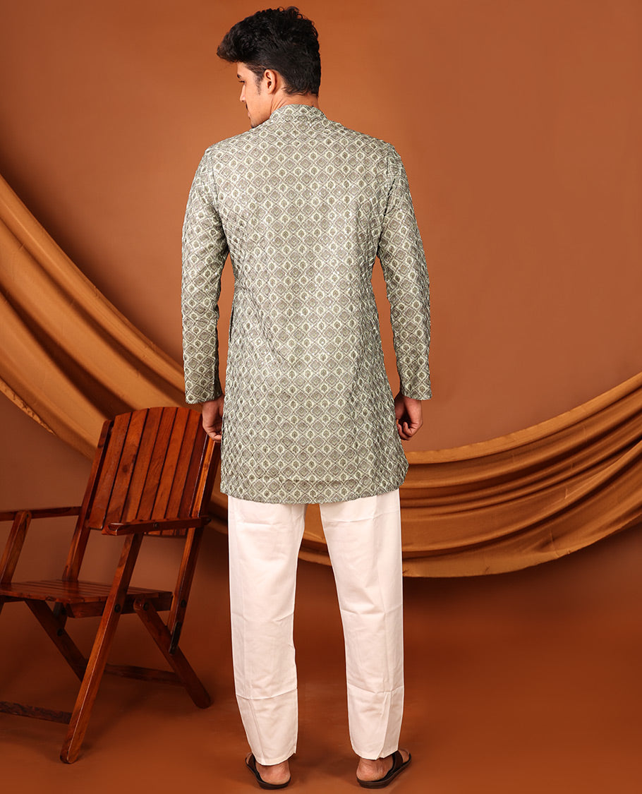 Green Geometric-style Jaal Design Full-Sleeved Men's Kurta