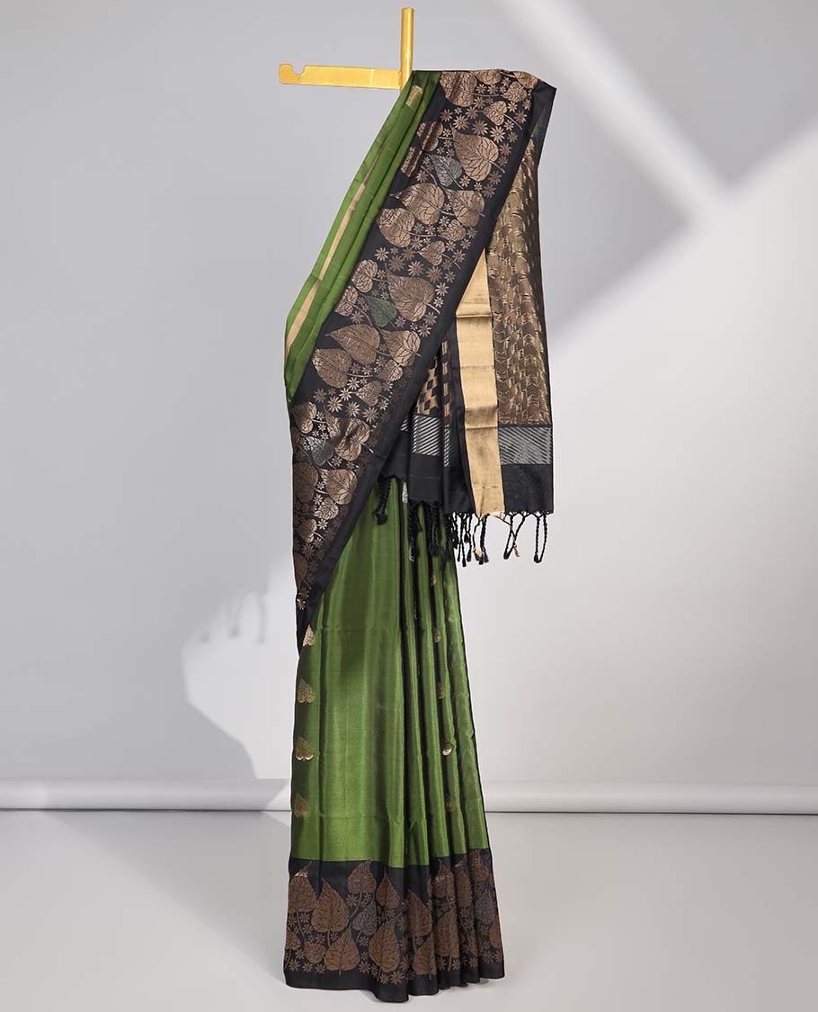 Green leaf buttas soft silk saree with contrast zari border & geometric design pallu