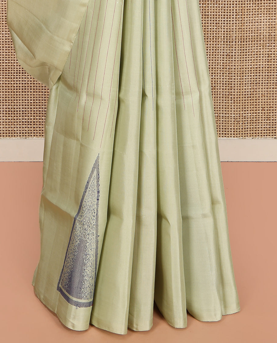Borderless Pale Green Mayuri Lite Silk Mix Saree, Subtly Sparkled with Stripes and Temple Buttas All Over Its Body, Subtle Striped Pallu, and Paired with a Matching Blouse