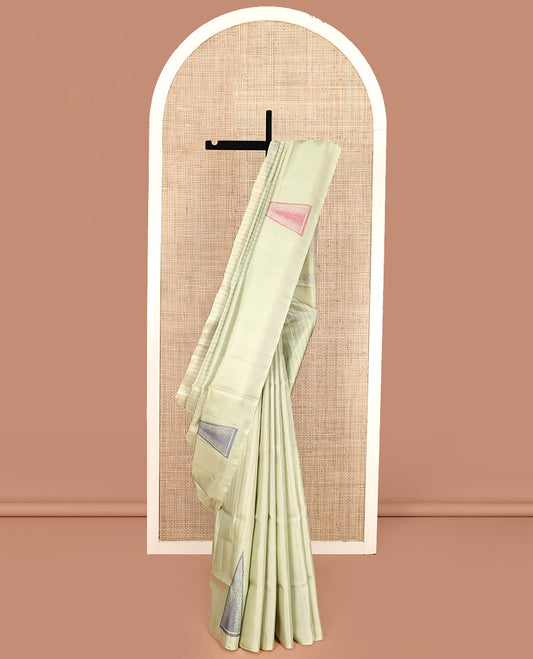 Borderless Pale Green Mayuri Lite Silk Mix Saree, Subtly Sparkled with Stripes and Temple Buttas All Over Its Body, Subtle Striped Pallu, and Paired with a Matching Blouse