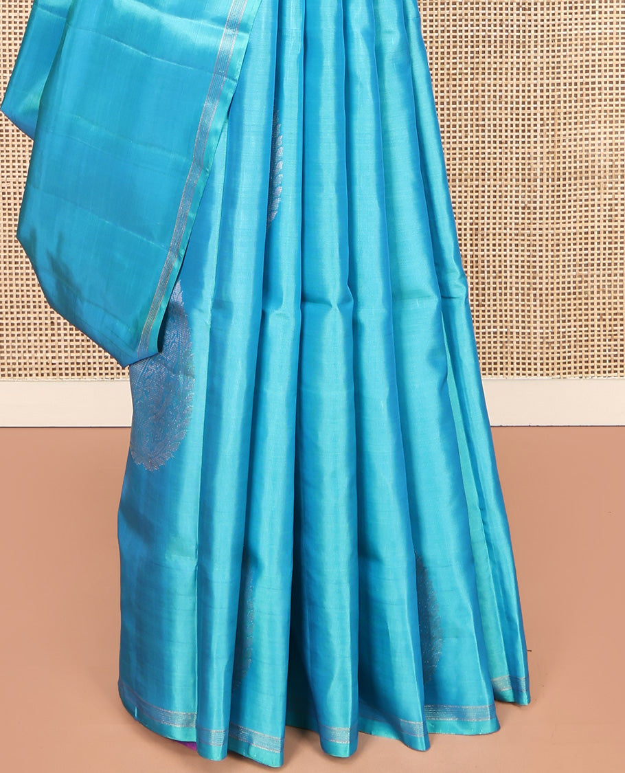 Blue Mayuri Lite Silk Mix Saree, Decorated with Arumbu Manga Buttas All Over Its Body, Highlighted by a Piping Border, Complemented by a Contrast Pallu of Intricate Designs, and Paired with a Contrast Blouse