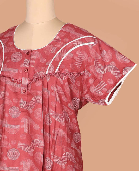 Red geometric printed with round neck embroidered half-sleeve cotton nighty