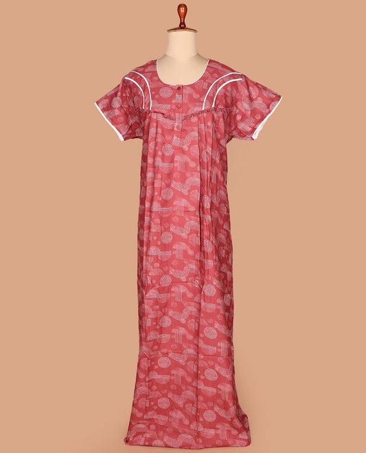Red geometric printed with round neck embroidered half-sleeve cotton nighty