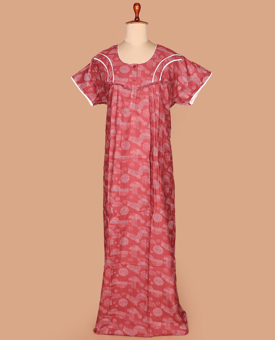 Red geometric printed with round neck embroidered half-sleeve cotton nighty