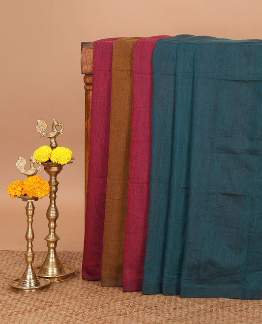 Borderless ramar blue color-blocked jute cotton saree, color-blocked pallu with tassels