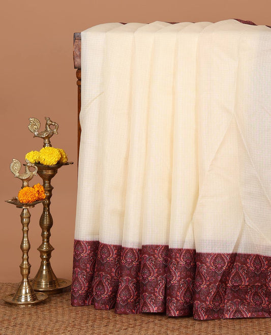 Cream plain design Kota checks saree with a contrast double-sided border & pallu of kalamkari-style motifs print, kalamkari printed blouse