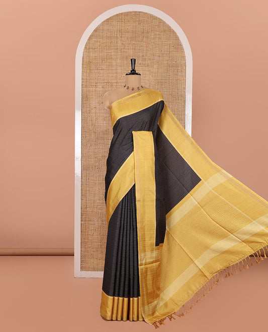 Black Kanta Silk Saree, Delicately Woven with Dotted Kantha-Stitch Embroidery All Over Its Body,  Complemented by a Contrast Border, Kantha-Stitch Embroidered Pallu, and Paired with a Contrast Blouse