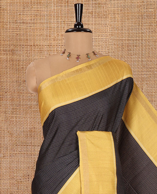 Black Kanta Silk Saree, Delicately Woven with Dotted Kantha-Stitch Embroidery All Over Its Body,  Complemented by a Contrast Border, Kantha-Stitch Embroidered Pallu, and Paired with a Contrast Blouse