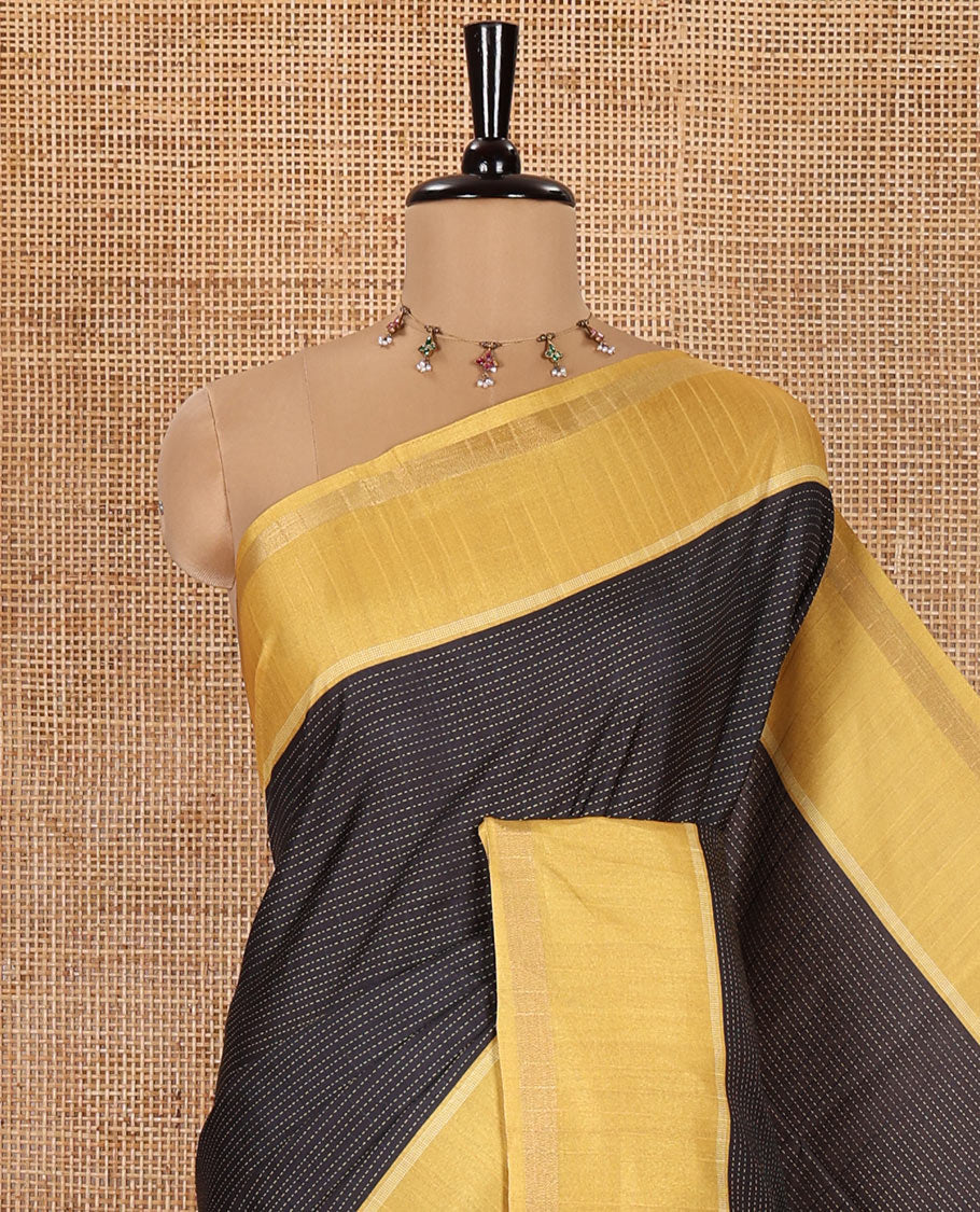 Black Kanta Silk Saree, Delicately Woven with Dotted Kantha-Stitch Embroidery All Over Its Body,  Complemented by a Contrast Border, Kantha-Stitch Embroidered Pallu, and Paired with a Contrast Blouse