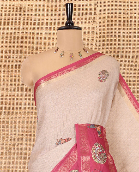 Chikku-Rani Moss-Chiffon Saree Features Checks and Round Peacock-Elephant, Contrast Border, Printed Pallu, and Contrast Blouse