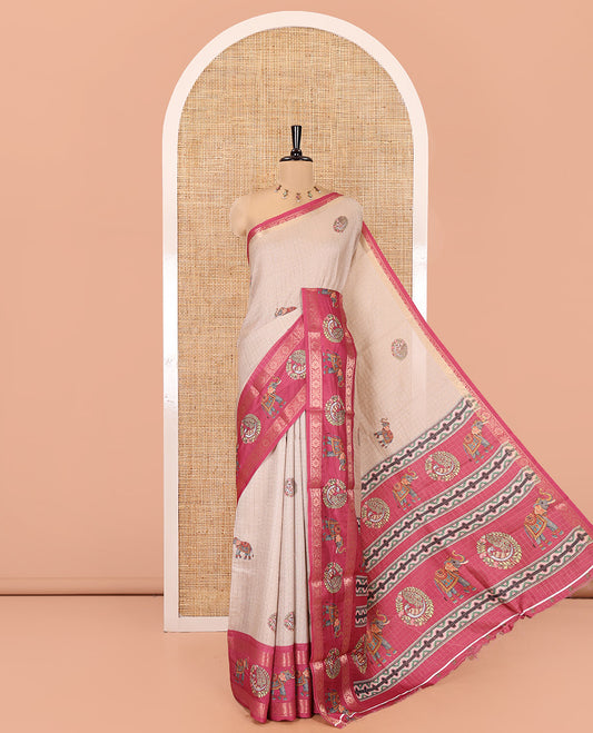 Chikku-Rani Moss-Chiffon Saree Features Checks and Round Peacock-Elephant, Contrast Border, Printed Pallu, and Contrast Blouse