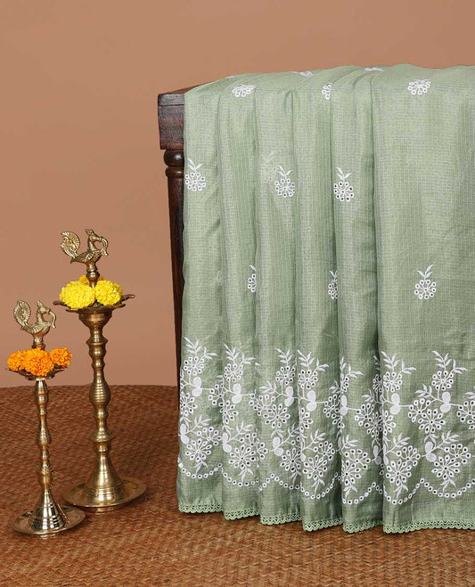 Light green machine cut work embroidery kotta cotton saree with self lace border & machine cut work embroidery pallu along with plain blouse
