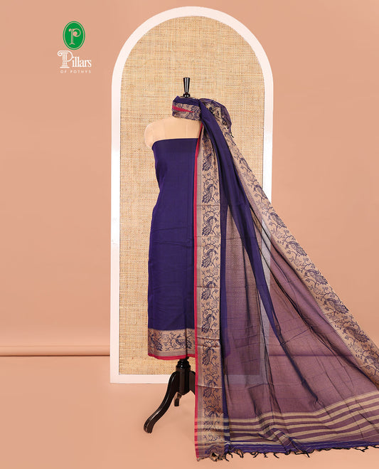 Blue Mercerised Cotton Material Churidar Set, Subtly Made Plain with Contrast Floral-Peacock Bordered Top, a Mercerised Cotton Bottom, and Paired with a Mercerised Cotton Peacock-Bordered Dupatta