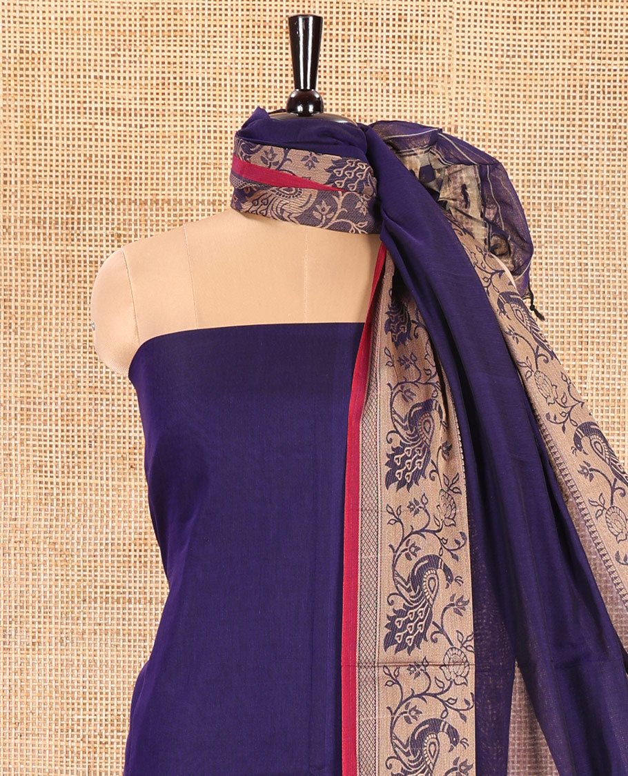 Blue Mercerised Cotton Material Churidar Set, Subtly Made Plain with Contrast Floral-Peacock Bordered Top, a Mercerised Cotton Bottom, and Paired with a Mercerised Cotton Peacock-Bordered Dupatta