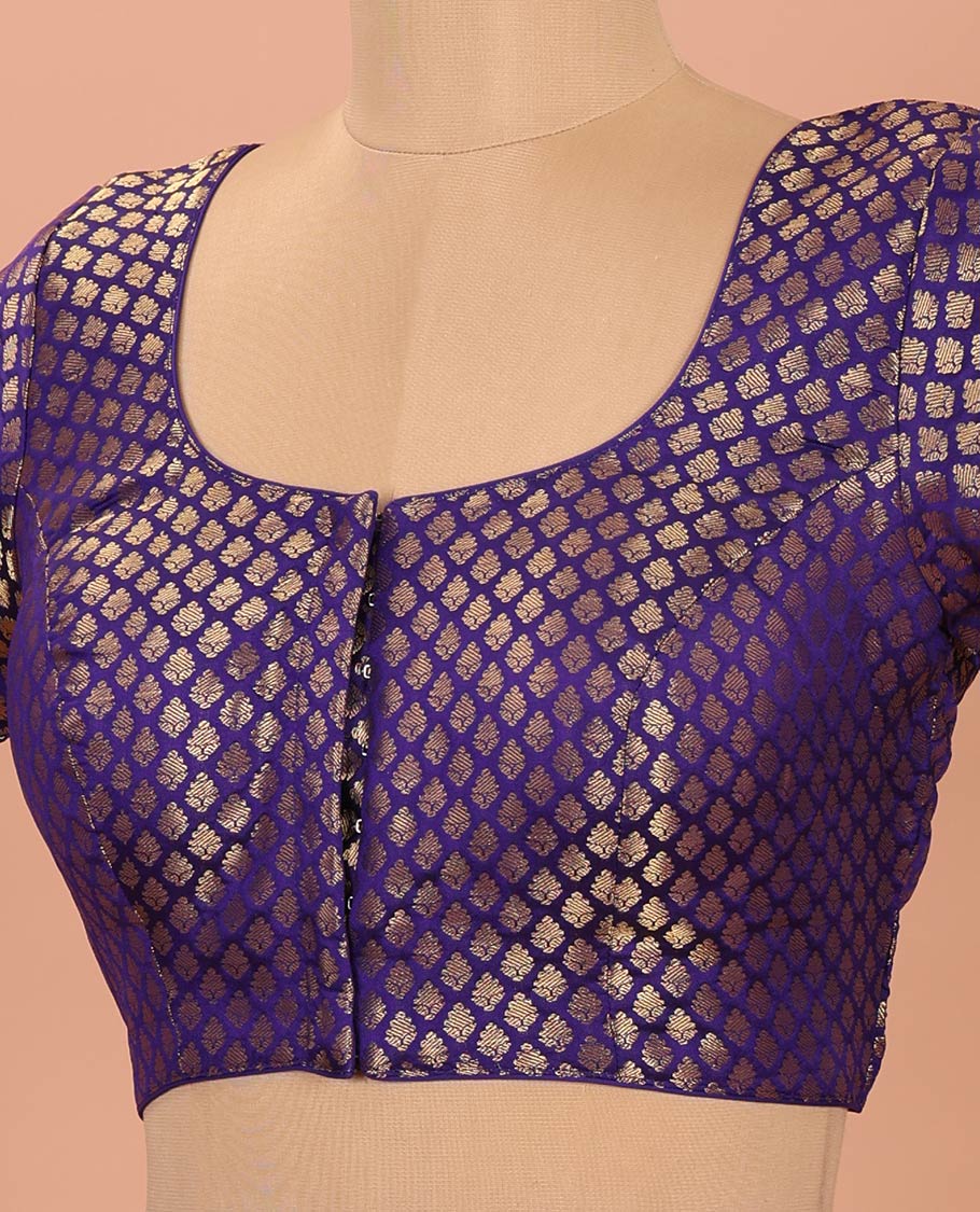 Violet Readymade Blouse Elegantly Highlighted with Jacquard Design, Featuring a Front Round Neck, Back Round Neck, and Elbow Sleeves