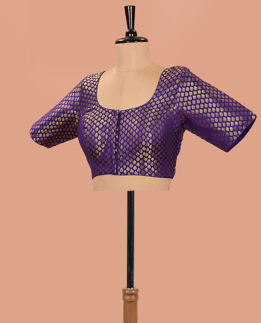 Violet Readymade Blouse Elegantly Highlighted with Jacquard Design, Featuring a Front Round Neck, Back Round Neck, and Elbow Sleeves