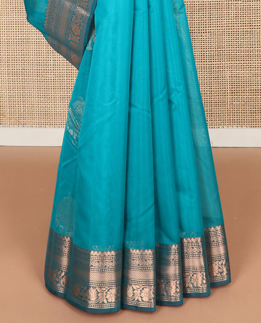 Blue motifs silk cotton saree with contrast floral design border & geometric design pallu