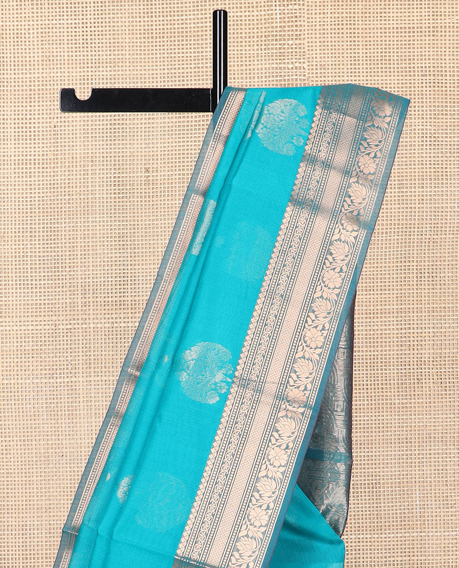 Blue motifs silk cotton saree with contrast floral design border & geometric design pallu
