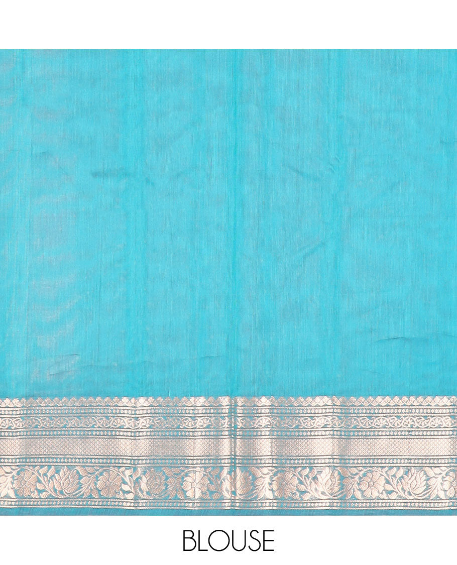 Blue motifs silk cotton saree with contrast floral design border & geometric design pallu