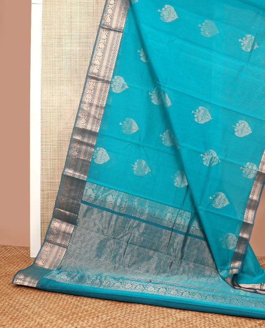 Blue motifs silk cotton saree with contrast floral design border & geometric design pallu