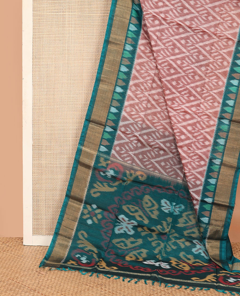 Light rosewood pink ikkat chevron design silk cotton saree, contrast bavanji border and pallu of ikkat weave