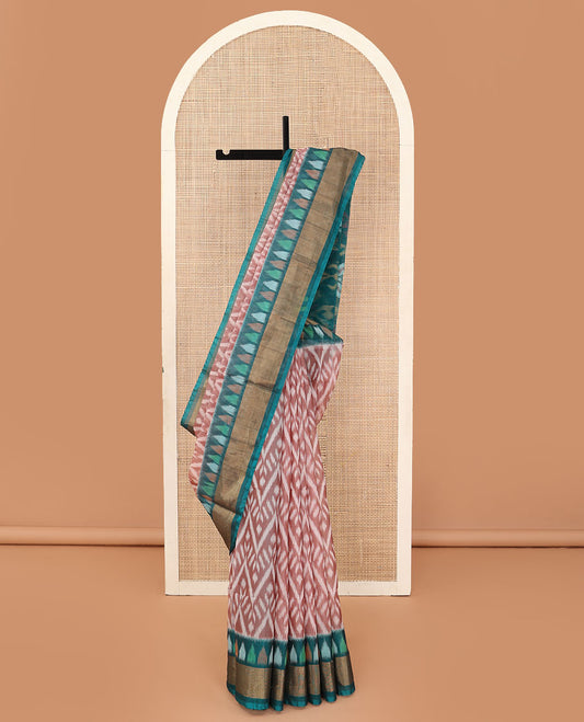 Light rosewood pink ikkat chevron design silk cotton saree, contrast bavanji border and pallu of ikkat weave