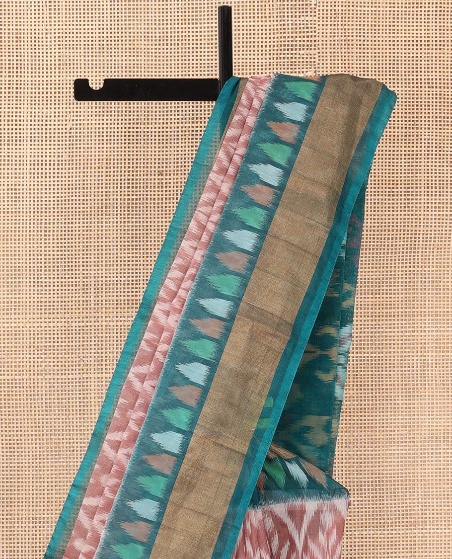 Light rosewood pink ikkat chevron design silk cotton saree, contrast bavanji border and pallu of ikkat weave