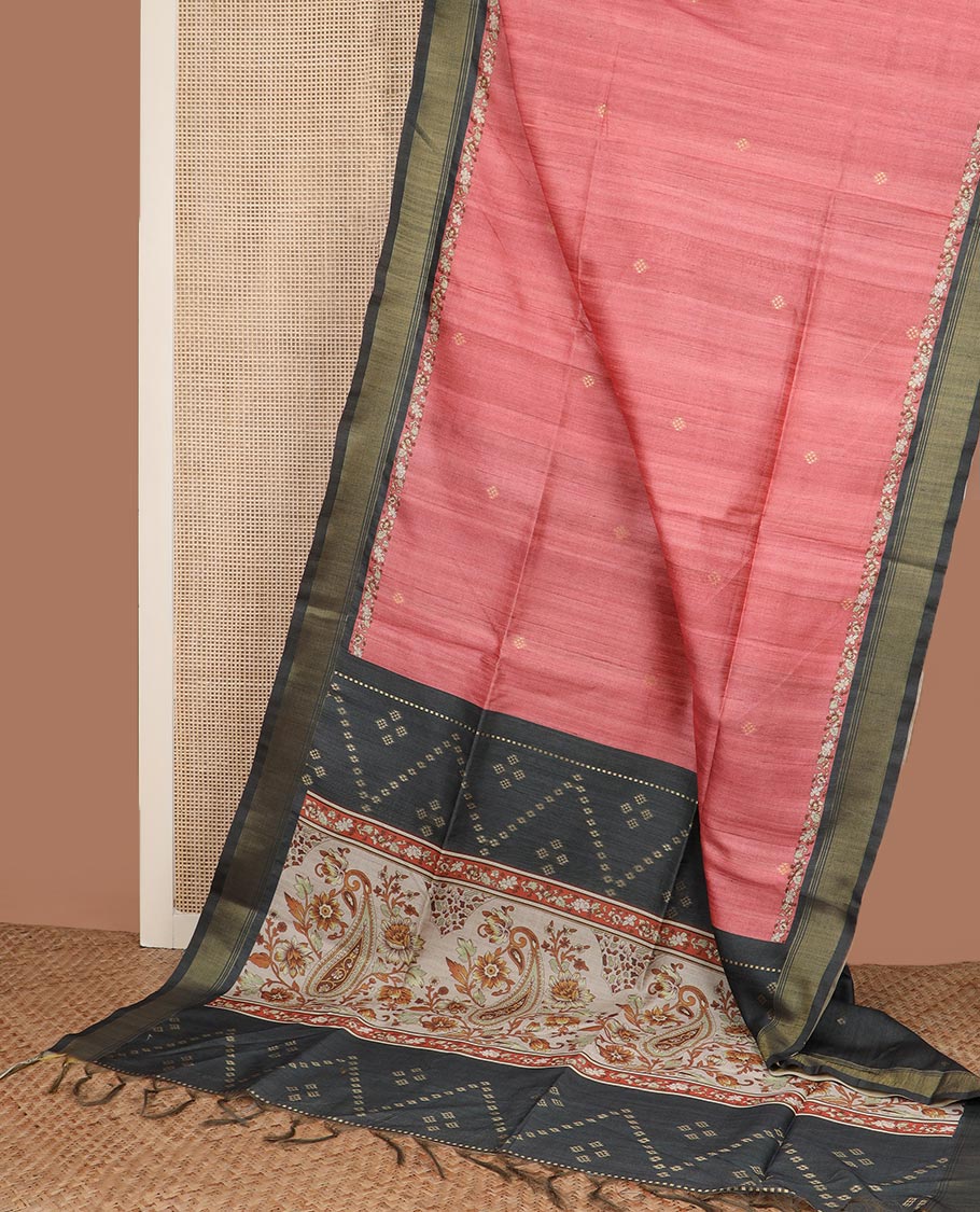 Onion pink buttas tussar silk saree, contrast bavanji border, and floral-paisley printed pallu