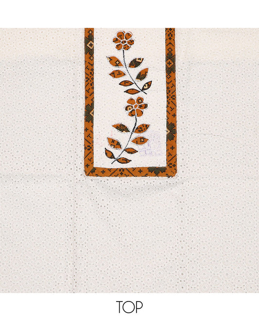 White material chudidar set, cut work with neck patch embroidered top, contrast patola printed bottom, and dupatta of patola print