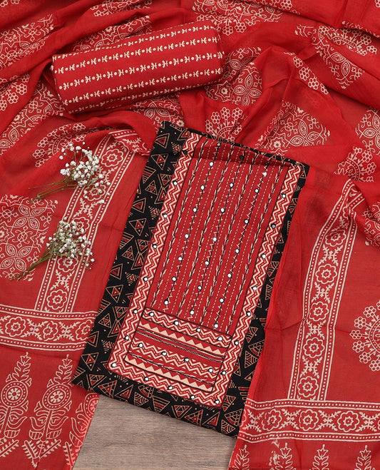 Black material chudidar set, triangle motifs print with neck embroidered top, contrast printed bottom and printed dupatta
