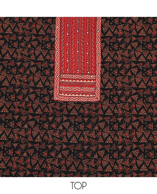Black material chudidar set, triangle motifs print with neck embroidered top, contrast printed bottom and printed dupatta