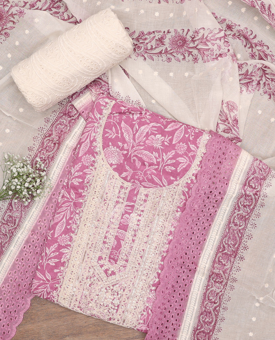 Pink chudidhar material set floral printed with sequins embroidery top, contrast thread embroidery bottom & floral motif thread embroidery scallop border dupatta