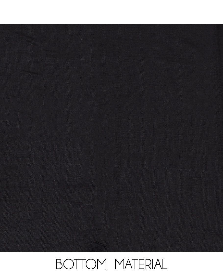 Black material chudidar set, floral printed top, plain black bottom and plain lace border dupatta