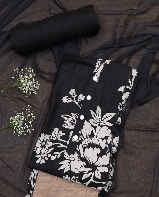 Black material chudidar set, floral printed top, plain black bottom and plain lace border dupatta