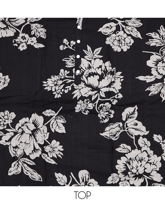 Black material chudidar set, floral printed top, plain black bottom and plain lace border dupatta