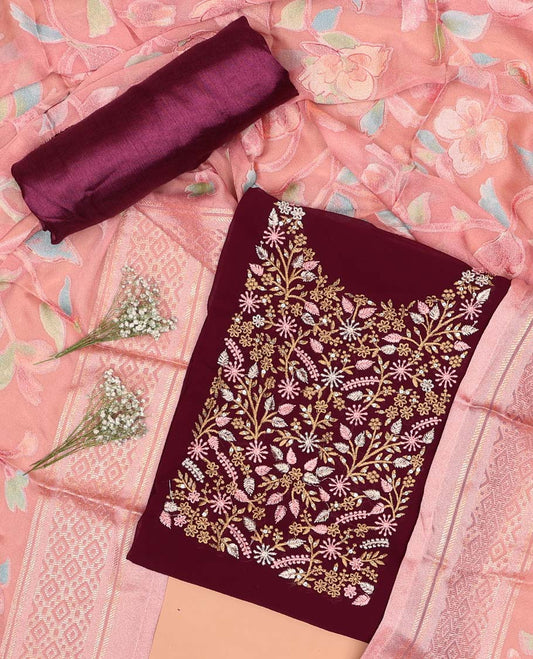 Maroon chudidhar material set floral embroidered top, plain bottom & floral design dupatta