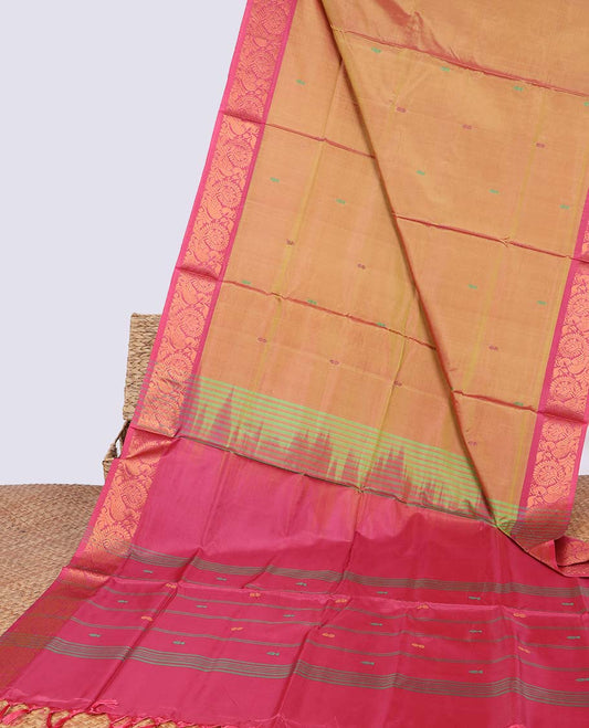 Orange floral motifs banana pith saree with contrast zari border & striped , floral motifs pallu