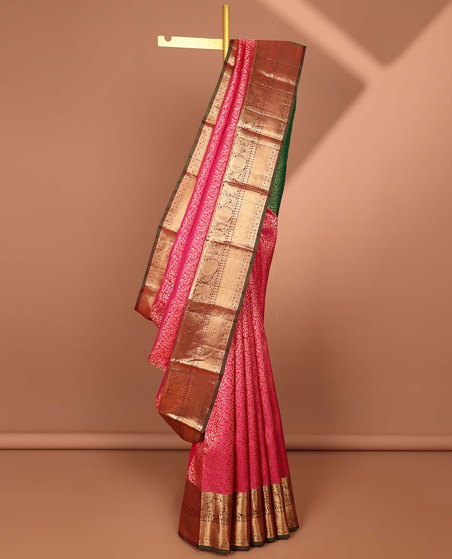 Red floral jacquard kancheepuram silk saree with contrast checked zari border & intricate floral zari design pallu